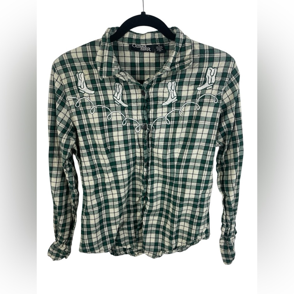 Outback Rider Green Plaid Cowboy Boot Embroidered Flannel M Women’s GUC